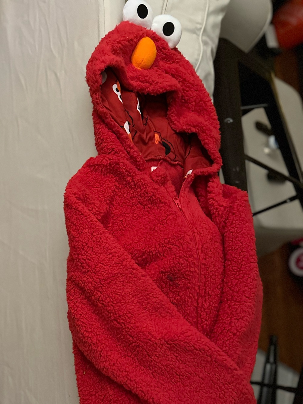 OppoSuits Adult Red Elmo-Inspired Plush Hooded Onesie (Size L)